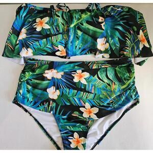 Floral Hawaiian Style Two 2 Piece Swimsuit with Ruffle Top Size Medium Shelf Bra